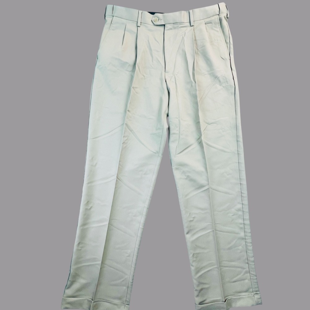 SAVANE Dress Pants Mens 36X32 Beige Cuffed Slacks Flex Fit Waist Business Casual